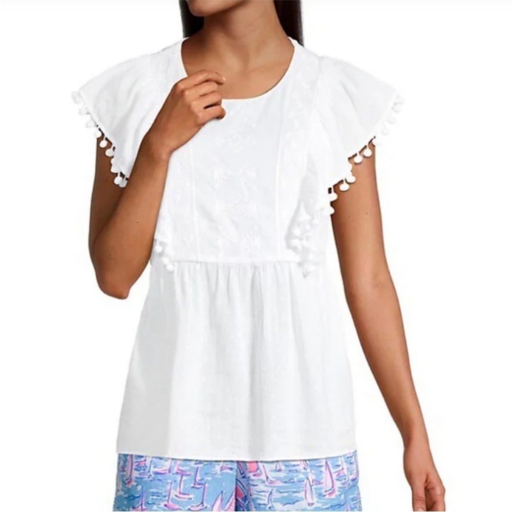 Lilly Pulitzer Raquelle Top Swiss Dot Dobby Chambray White Peplum Embroidered L - Picture 12 of 13